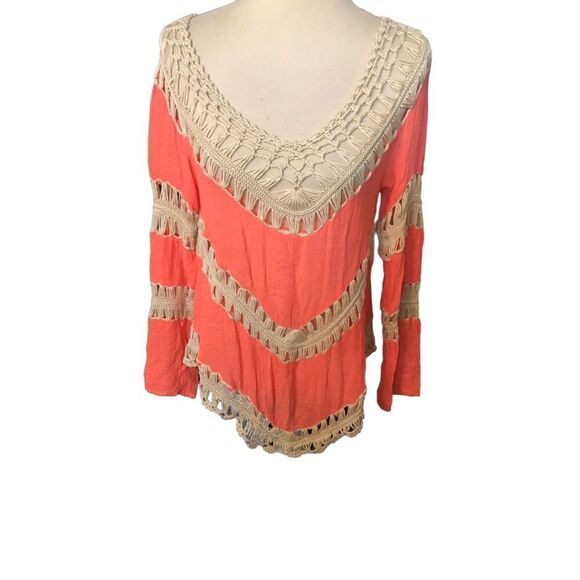 Umgee Boho Stretch Knit Tunic with Lacy Crochet Trim Mango size S - Picture 3 of 15